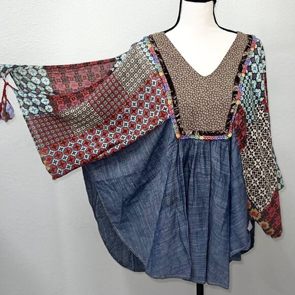 Sz S / M Ivy Jane Patchwork Print Chambray Boho Shirt - Picture 3 of 16